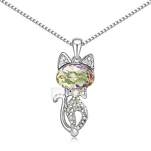 Xingzi Womens Charming Green Persian Cat Crystal Dangling Necklace