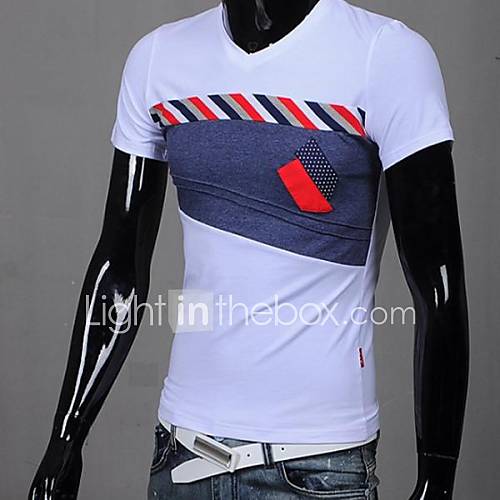 Mens V Neck Slim Casual Short Sleeve Contrast Color Splicing T shirt