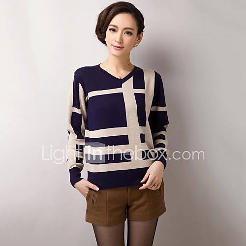 Womens Contrast Color Stripe V Neck Sweater