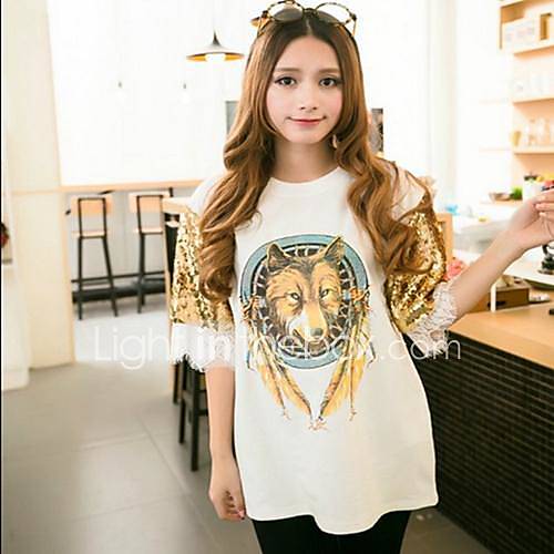 Womens Korean Fashion Sequined Lace Sleeves Printing T Shirt