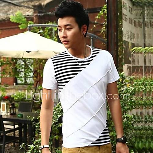 Mens Round Neck Casual Short Sleeve Stripes Splicing T shirt(Acc Not Included)