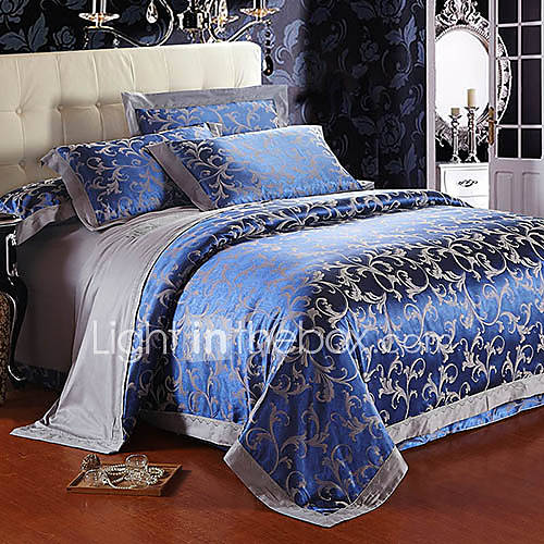 Mankedun Elegant Floral Print Jacquard Silk Floss 4 PCS Set Bedding