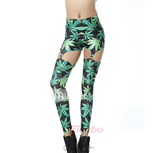 Elonbo The Green Leaves Style Digital Painting Tight Women Clip Leggings