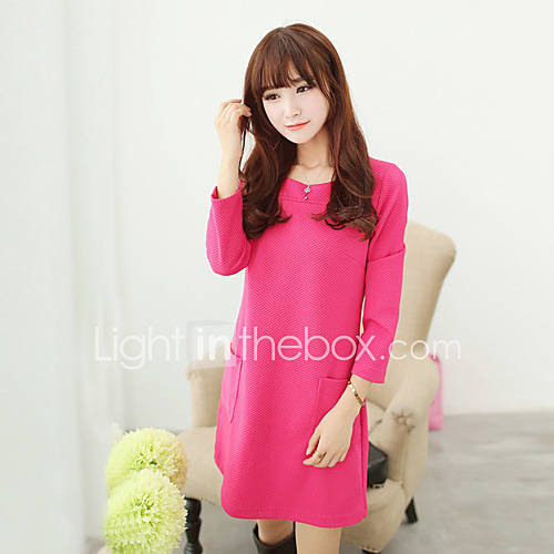 ZJ Womens 3/4 Sleeve Korean Round Neck Solid Color Fuchsia Dress