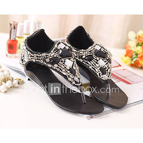 Sunday Womens String Of Beads Wedges Pu Leather Black Sandals