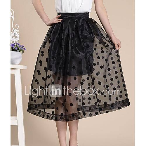 Womens Retro Organza Fabric High Waist Black Large Polka Dot Skirt