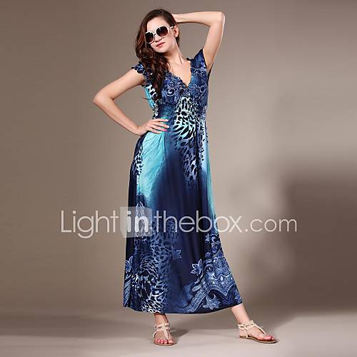 Maya Womens V Neck Bohemian Sexy Leopard Vintage Print Maxi Beach Dress