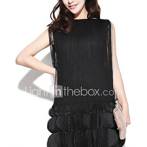 Qcqy 3D Floral Chiffon Sleeveless Dress (Black)