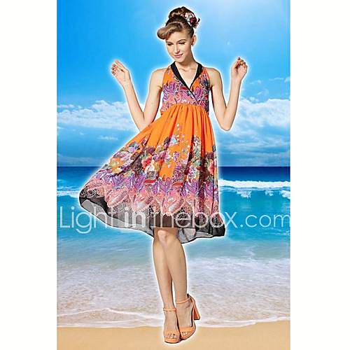 TS Contrast Color Floral Print High Waist V Neck Dress