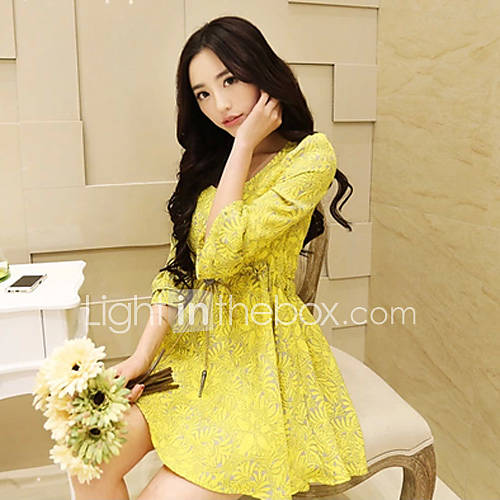 LCL Casual 3/4 Sleeve Floral Print Ruffle Knitted High Waist Dress(Yellow)