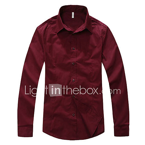 Lucassa Mens Korean Solid Color Slim Long Sleeve Shirt(Wine)