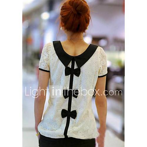 Womens Lace Turn Down Collar Bow Blouse