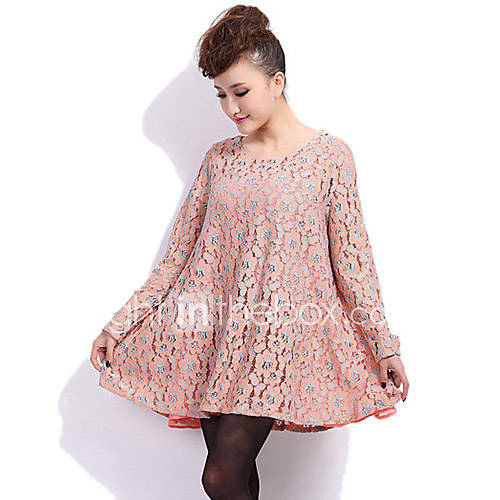 JRY Womens Simple Round Neck Orange Lace Joint Chiffon Long Sleeve Loose Fit Dress