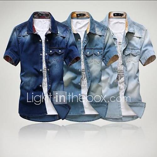 Mens Brand Water Wash Short Sleeve Denim Shirt