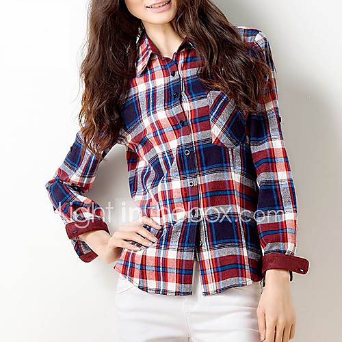 Veri Gude Womens All Match Classical Long Sleeve Check Blue Shirt