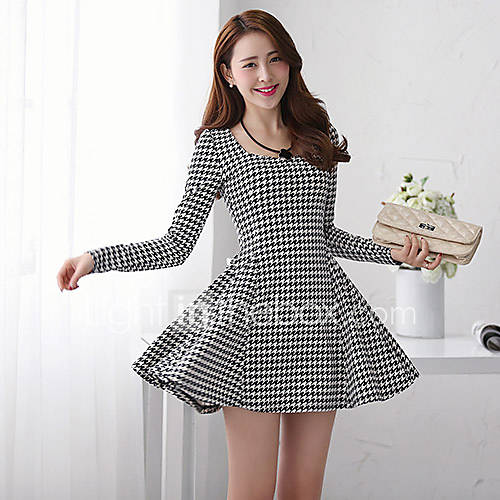 Kingmany Womens Korean Check Slim Waist Dress(Screen Color)