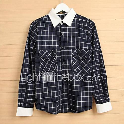 Mens Han Edition Grid Pocket Long Sleeve Shirt