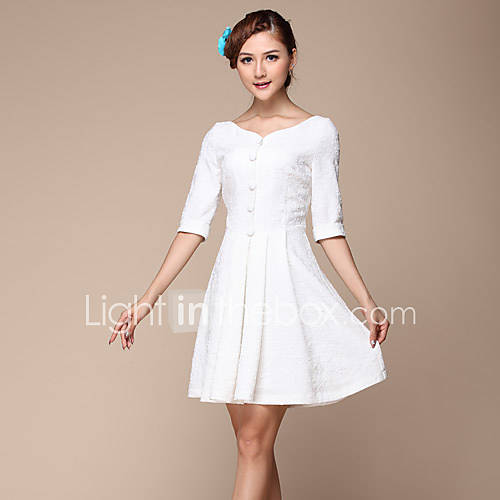 Lifver Womens Single Breast Cropped Sleeve White Dress