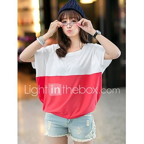 Liuliu Womens Sweet Round Neck Contrast Color Big Size Cotton T Shirt