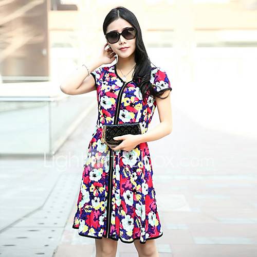 Womens Round Floral Print Short Sleeve Casual Cute Dress