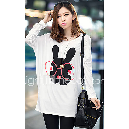 Uplook Womens Casual Round Neck White Rabbit Pattern Loose Fit Batwing Long Sleeve T Shirt 304#