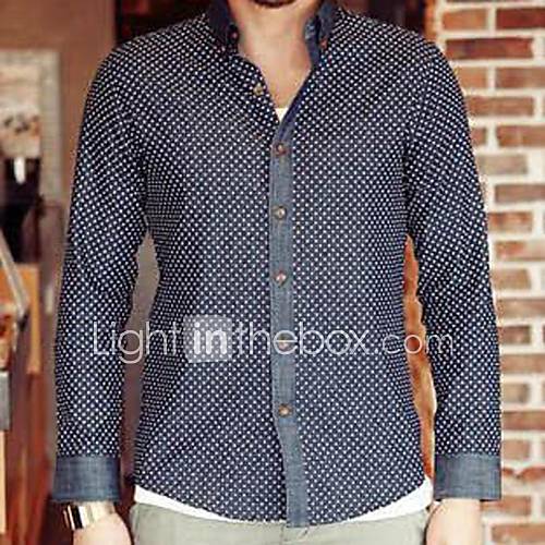 Mens Lapel Polka Dots Splicing Long Sleeve Shirt