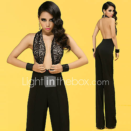 Yishabeier Sequins Hanging Neck Backless Wide Legged Jumpsuits(Black)