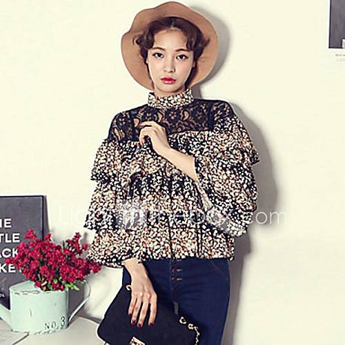 Womens Fashion Lapel Organza Splice Puff Sleeve Tops