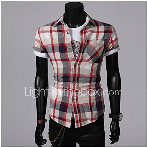 Mens Casual Fashion Stand Collar Short Sleeve Linen Plaids Shirt