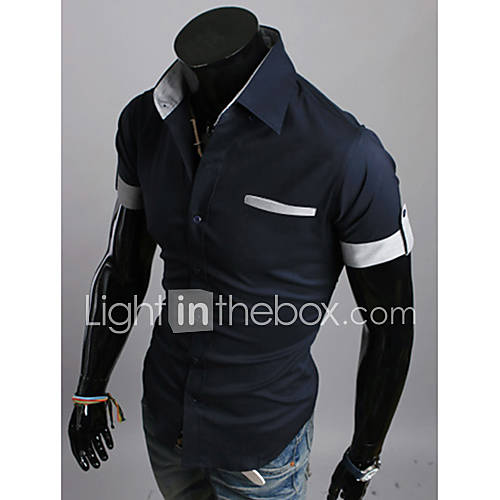 Midoo Short Sleeved Stand Collar Casual Shirt(Navy Blue)