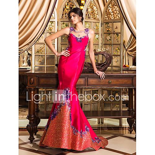 Trumpet/Mermaid Jewel Sweep/Brush Train Stretch Satin And Tulle Evening Dress