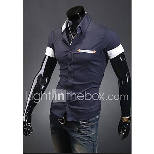 Shishangqiyi Small Triangular Pocket Leather Decorative Casual Short Sleeved Shirt(Navy Blue)