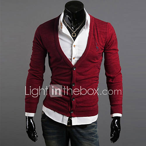 Cocollei mens classical Slim long sleeved deer embroidery knit cardigan (Wine)