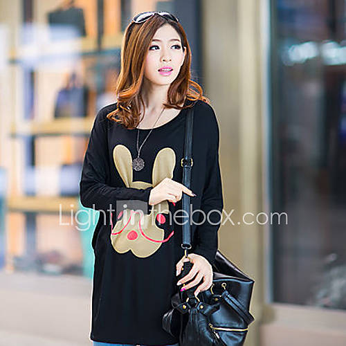 Uplook Womens Casual Round Neck Black Rabbit Pattern Loose Fit Batwing Long Sleeve T Shirt 304#