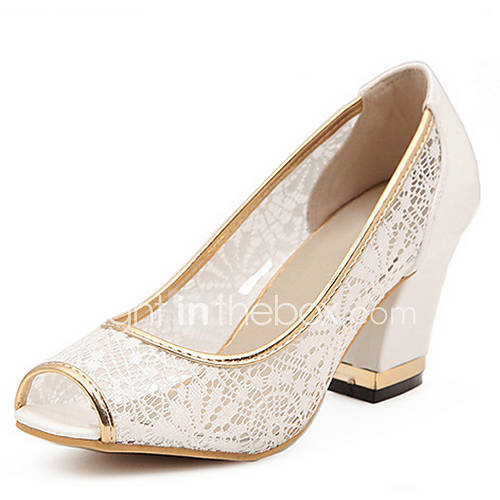 Sunday Womens Sheer Lace Open Toe Chunky Heel White Peep Toe