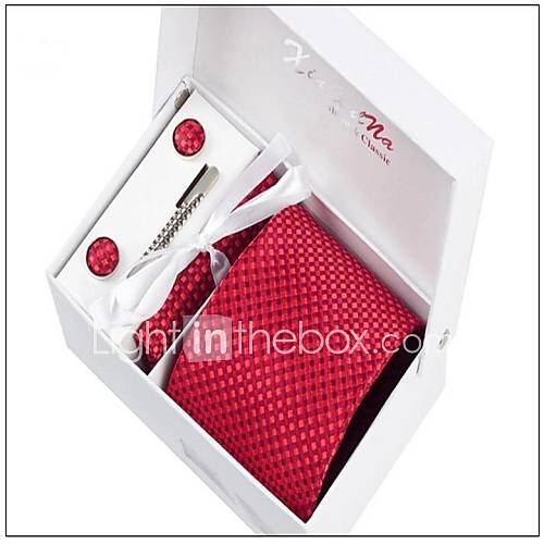 Mens Fashionable Red Checked Polyester Ties Set (breatpin random)