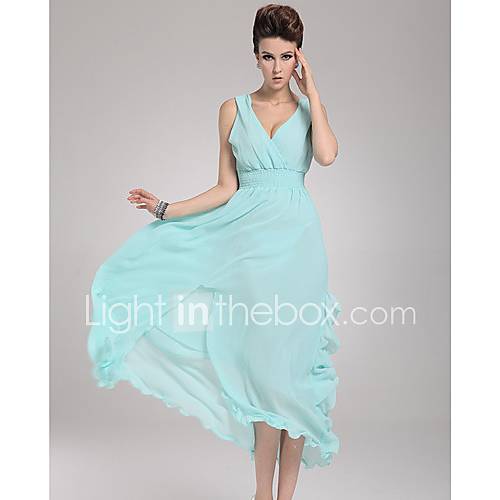 Color Party Womens Fashion V Neck Long Dress (Light Blue)