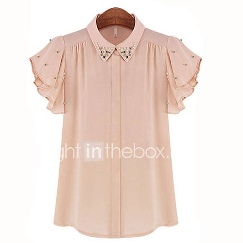 LCL Casual Chiffon Beads Ruffle Short Sleeve Diamonade Shirt(Almond)