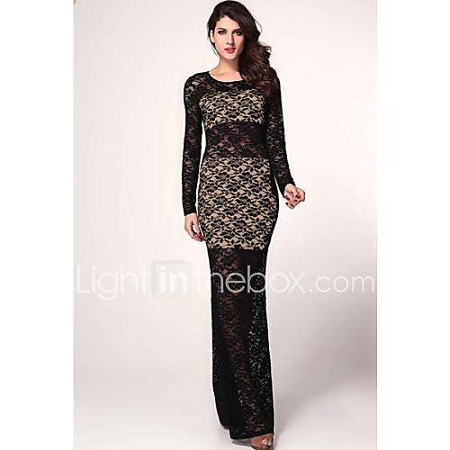 Womens Nude Illusion Sexy Lace Evening Dress