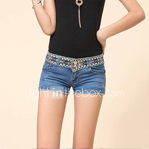 E Shop 2014 Summer Lace Edges Slim Wash Short Jeans (Blue)