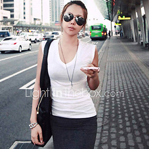 QianyuCasual Cotton V Neck Joint Mesh Sleeveless T Shirt(White)