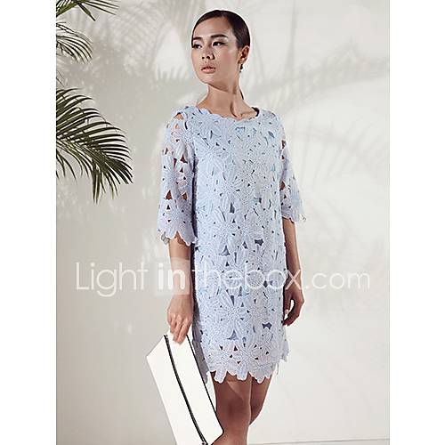 JRY Womens Simple Round Neck Light Blue Lace Half Sleeve Big Size Dress