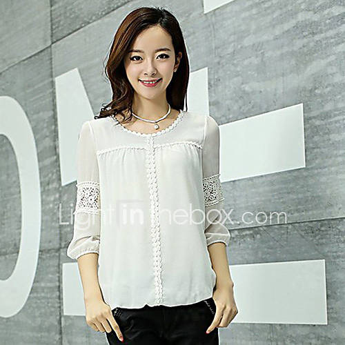 LCL Casual Middle Sleeve Cut Out Chiffon Round Neck Lace Joint Shirt(White)