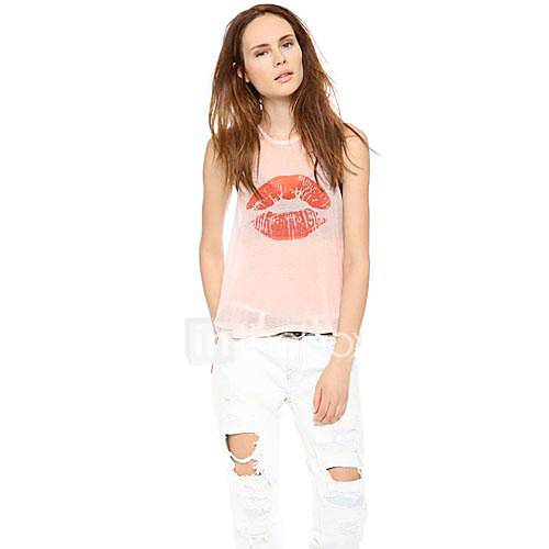 Womens O neck Lip Print Casual Style Sleeveless Solid Regular Top