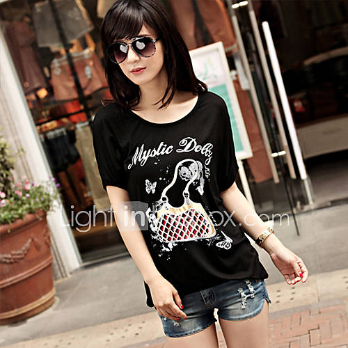 E Shop 2014 Summer Fashion Print Loose Fit Bat Sleeve Black T Shirt