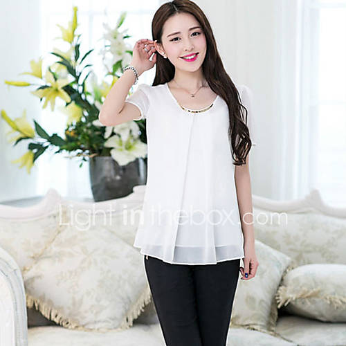 LCL Casual Loose Fit Chiffon Short Sleeve Shirt(White)