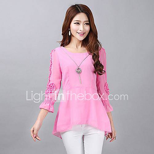 Womens Sexy Floral Solid Color 3/4 Sleeve Fitted Blouse