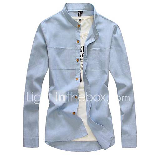 Mens Lapel Solid Color Long Sleeve Shirt