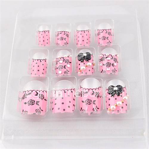 12 PCS Pink Bow Printed Acrylic UV Gel False Nail Art Tips With Glue