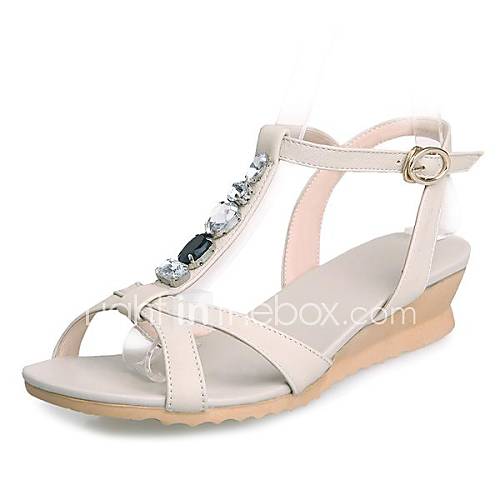 Leather Womens Low Heel T Strap Sandals With RhinestoneShoes(More Colors)